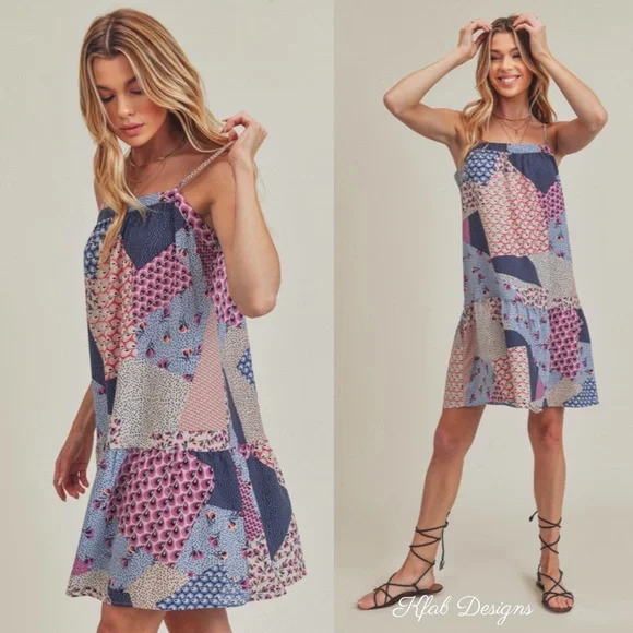 LAST 1! Multi Print Flowy Silhouette Spring Spaghetti Adjustable Strap Dress! - Picture 3 of 7